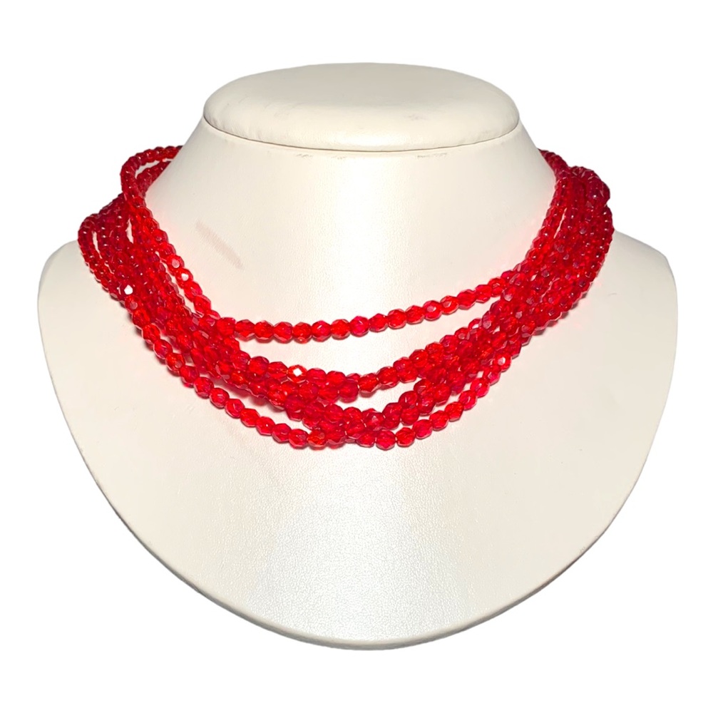 Red Crystal Multi-string Fused Glass Bead Bib Style Necklace